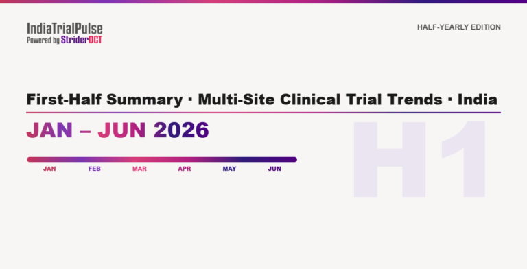 IndiaTrialPulse Jan–Jun 2026 half-yearly report cover by StriderDCT on India multi-site clinical trial trends