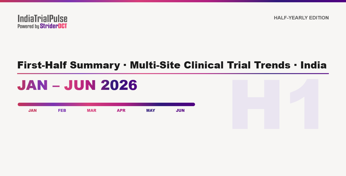 IndiaTrialPulse Jan–Jun 2026 half-yearly report cover by StriderDCT on India multi-site clinical trial trends